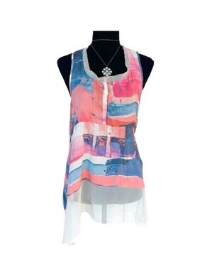 #44 SIMPLY VERA VERA WANG ~ Pink and Blue Sleeveless Blouse w/Chiffon Detail